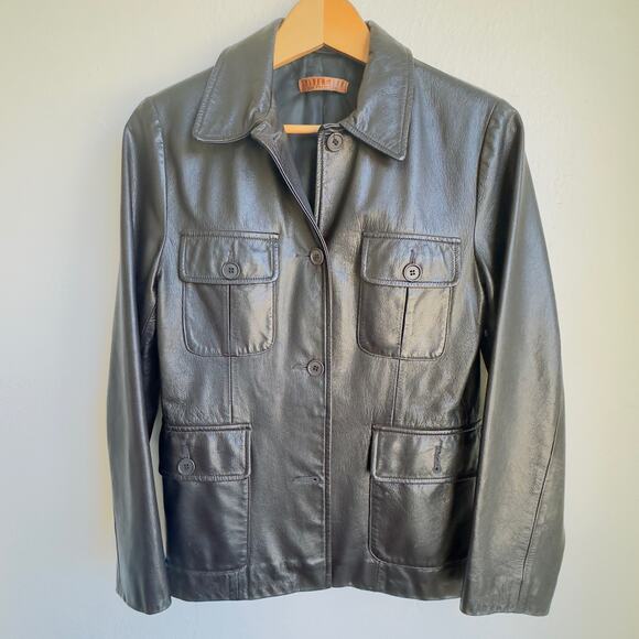Vintage Black Leather Trucker Jacket Golden Bear Field Utility Safari Blazer M - Picture 1 of 10